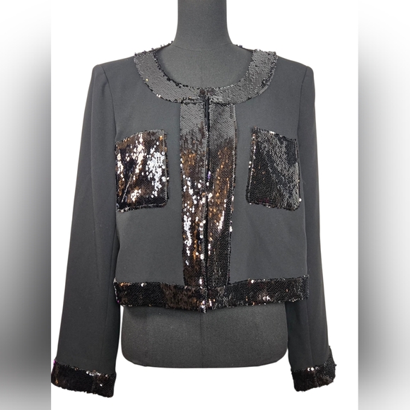Cinq à Sept Randi Sequin Trim Jacket Black Cropped Blazer Women’s Size 10 - Picture 8 of 12